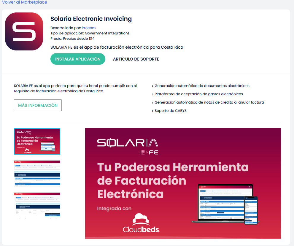 aplicacion solaria fe en cloudbeds marketplace