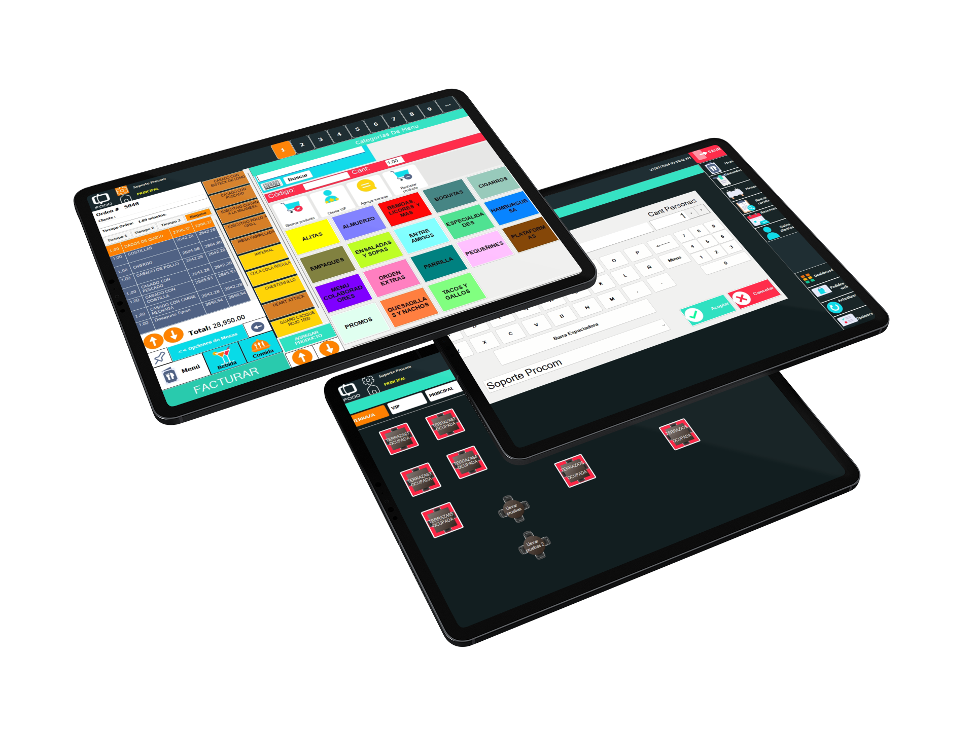 iPads mostrando interfaz grafica de Solaria Food, Control de mesas, pantalla de pago y Opciones de menú